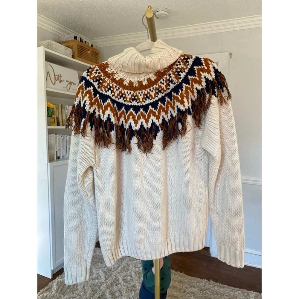 Forever 21 Fair Isle Turtleneck Fringe Knit Sweater Americana Quiet‎ Luxury Cozy - Picture 3 of 9